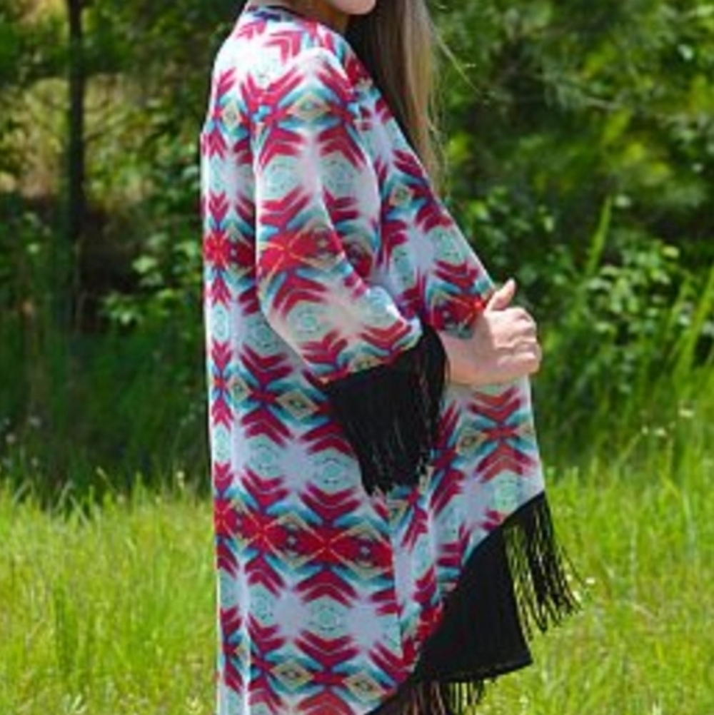 [Umgee] Sheer Open Kimono Tribal Print with Fringe - Size L